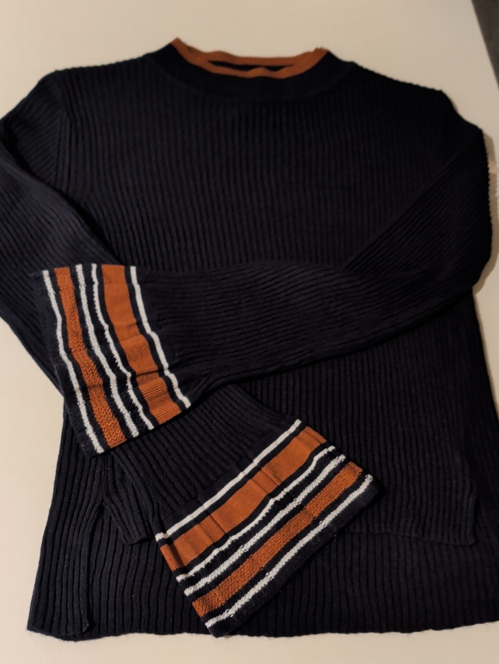 Moth Black Ribbed Crew Sweater with Brown & White Trim Small